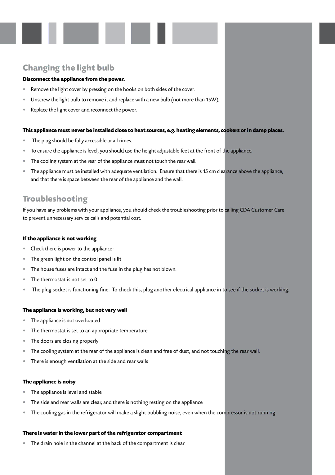 CDA FF850 manual Changing the light bulb, Troubleshooting 