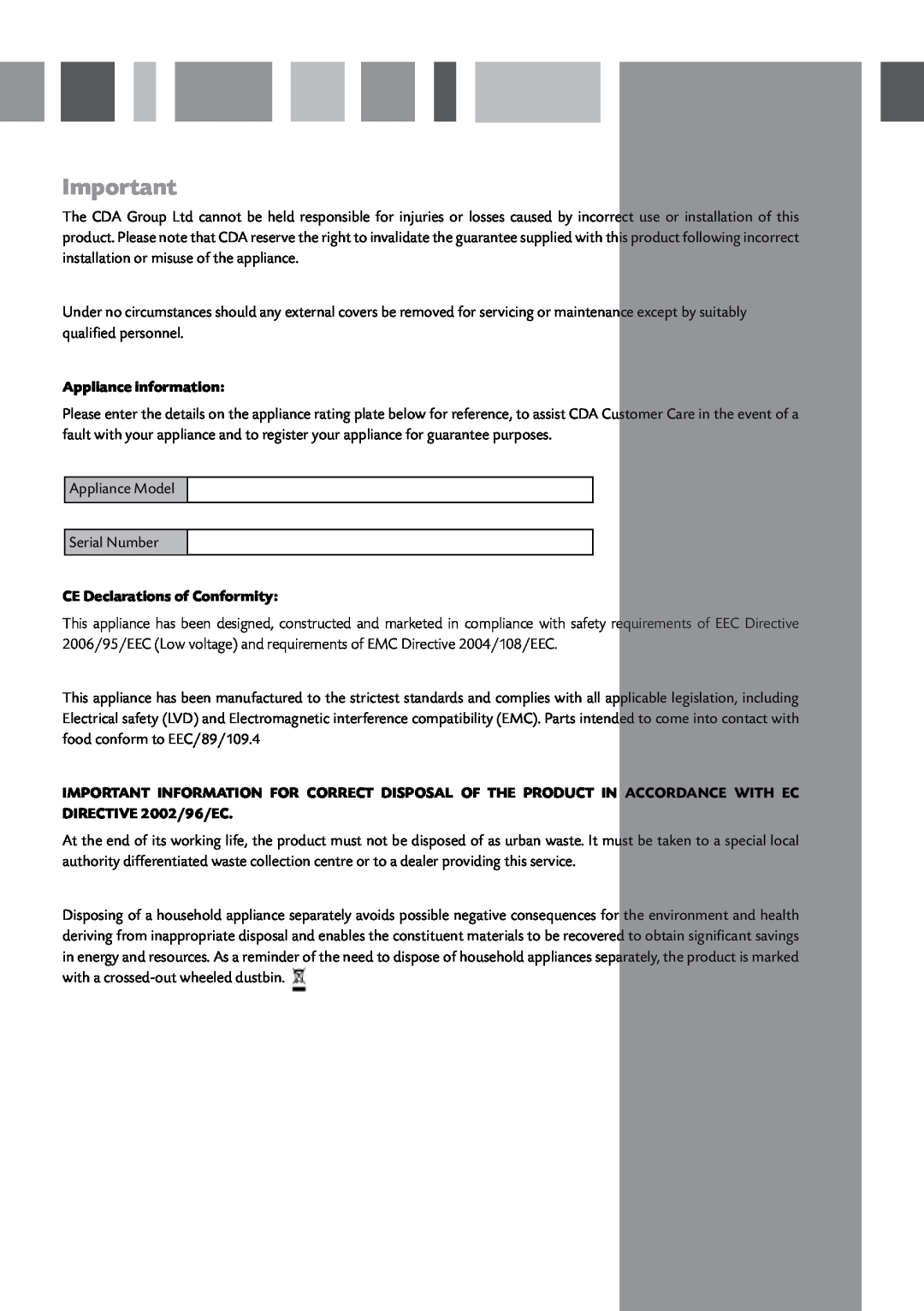 CDA FF850 manual Appliance information, CE Declarations of Conformity 