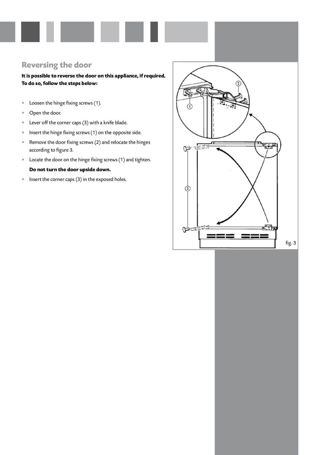 CDA FW221 manual Reversing the door, Do not turn the door upside down 