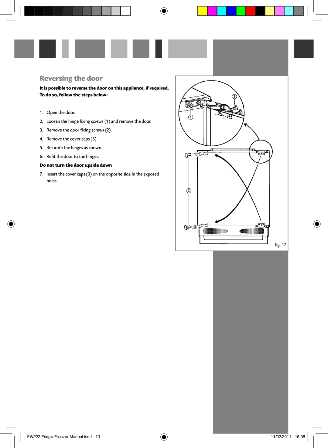 CDA FW222 manual Reversing the door, Do not turn the door upside down 