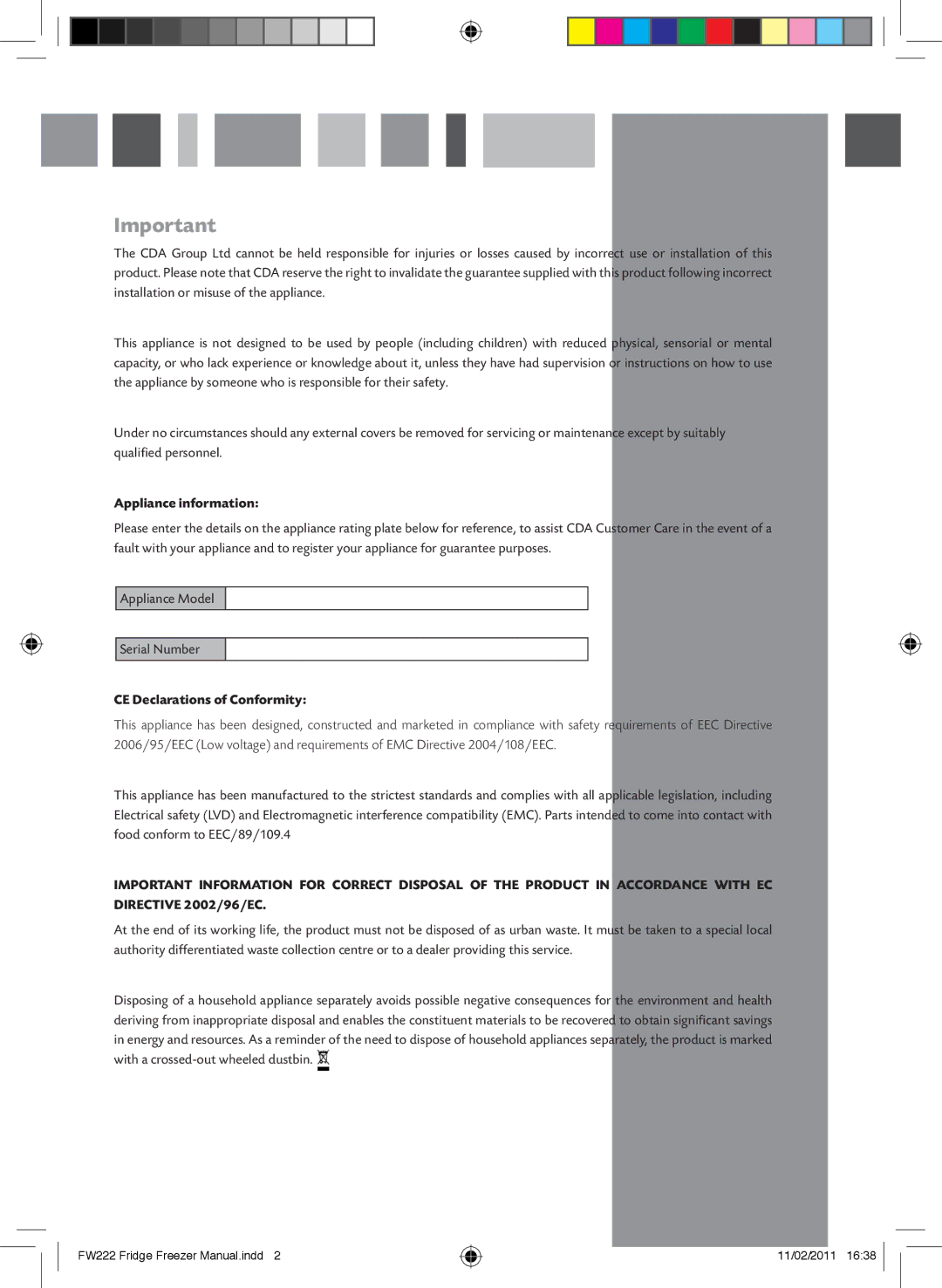 CDA FW222 manual Appliance information, CE Declarations of Conformity 