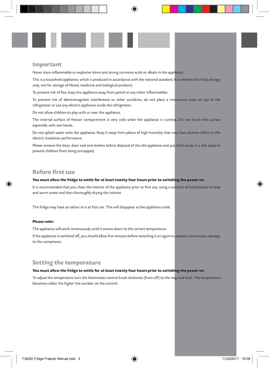 CDA FW222 manual Before first use, Setting the temperature, Please note 