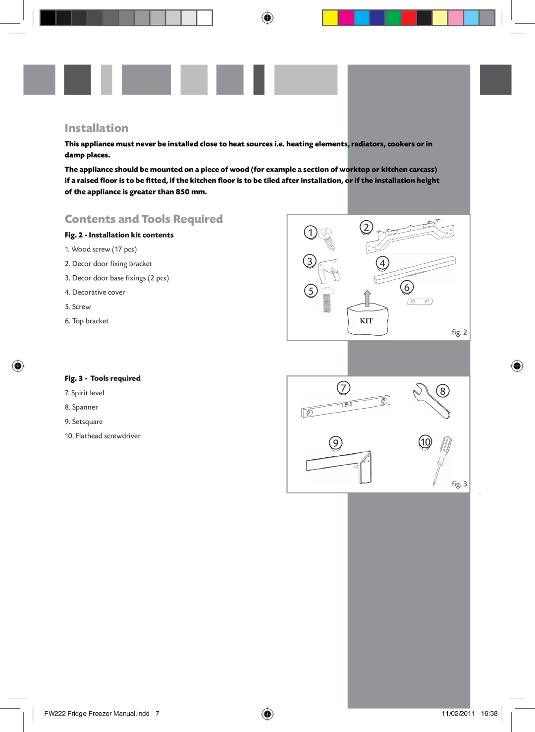 CDA FW222 manual Installation, Contents and Tools Required 