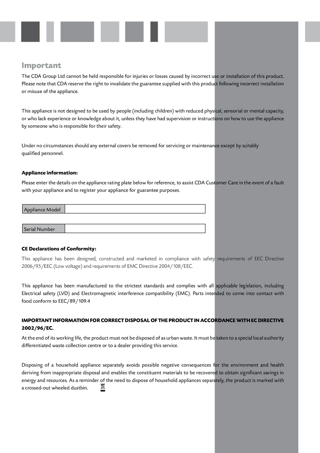 CDA FW282 manual Appliance information, CE Declarations of Conformity 