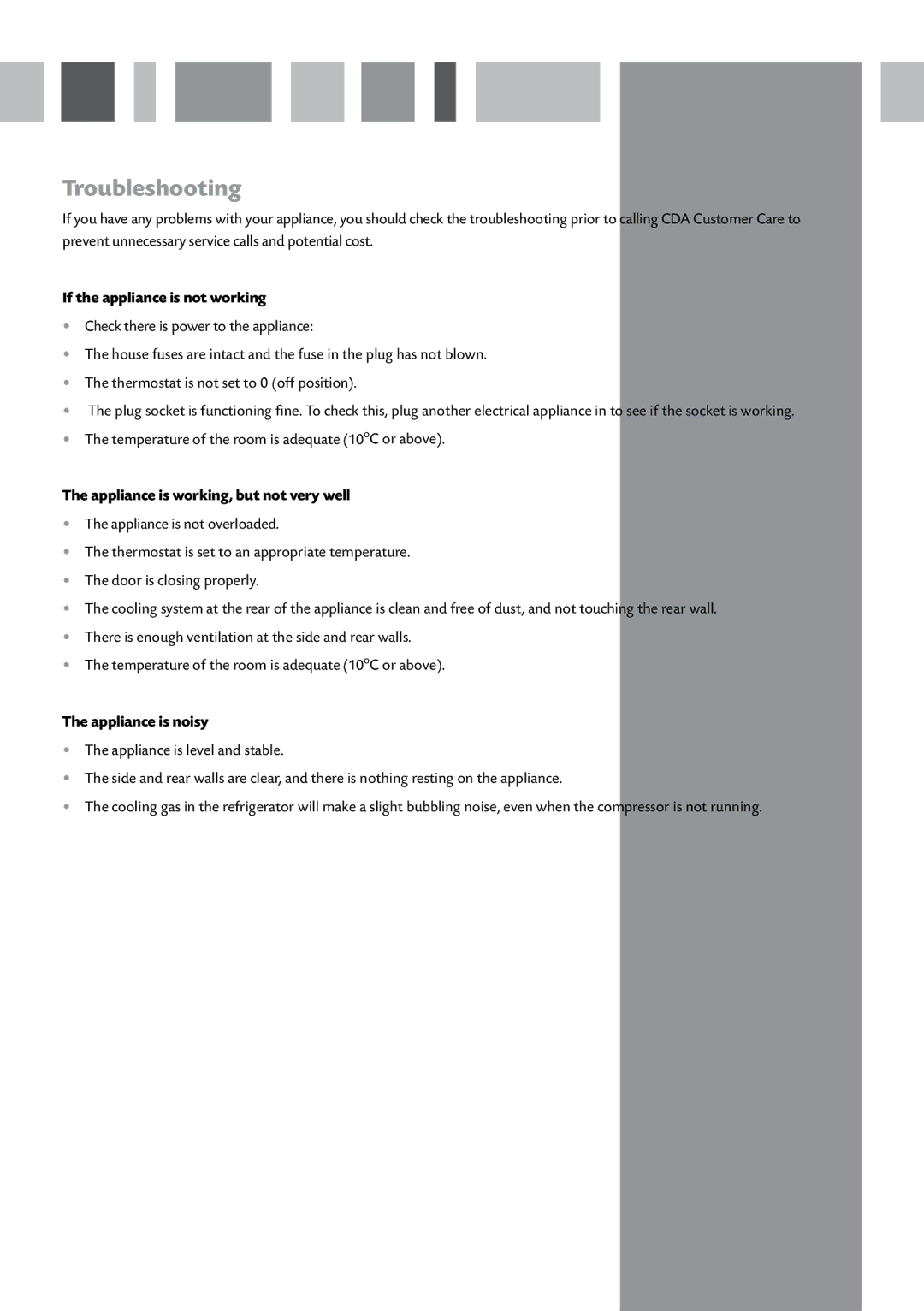 CDA FW282 Troubleshooting, If the appliance is not working, Appliance is working, but not very well, Appliance is noisy 