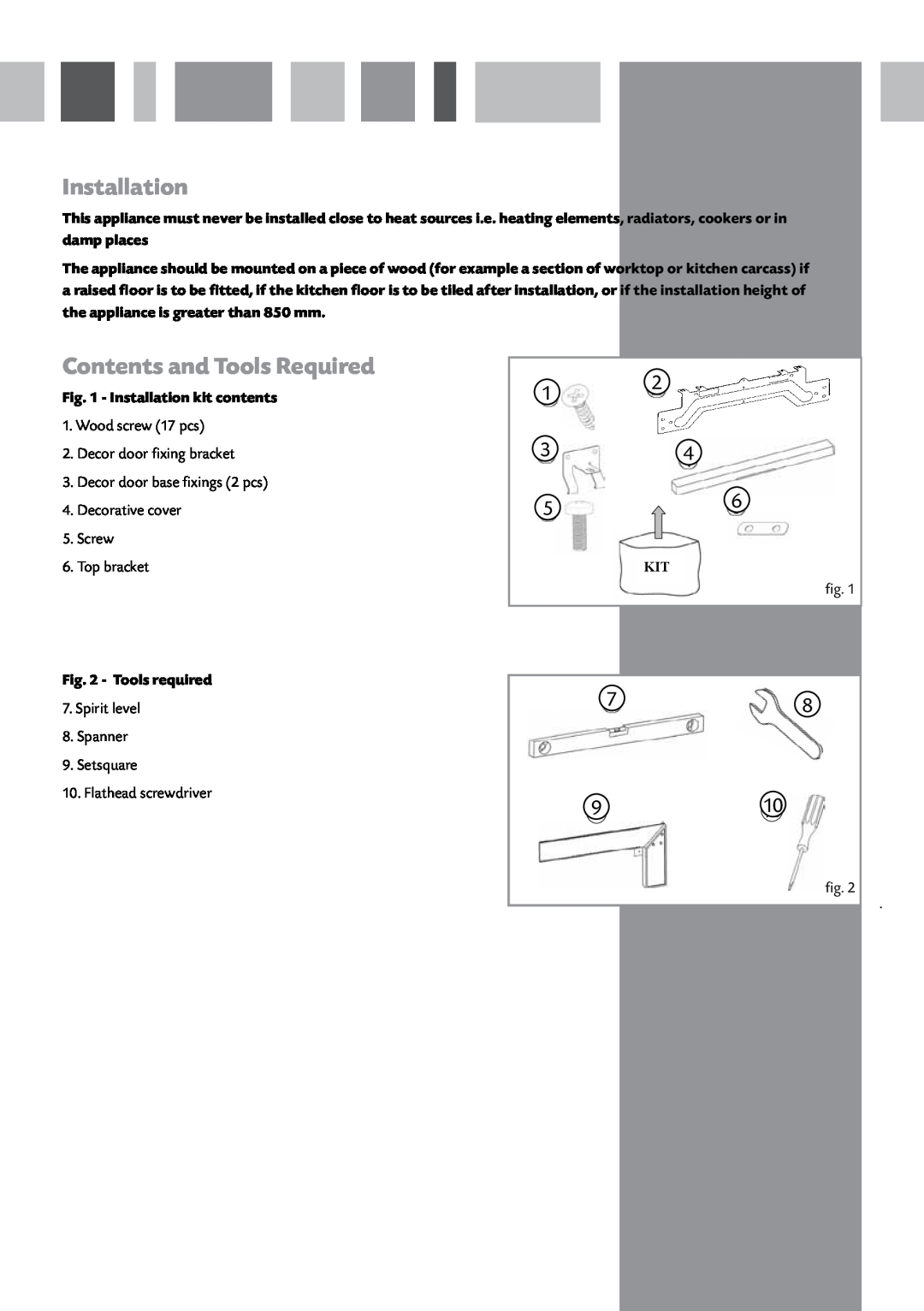 CDA FW282 manual Contents and Tools Required, Installation kit contents, Tools required 