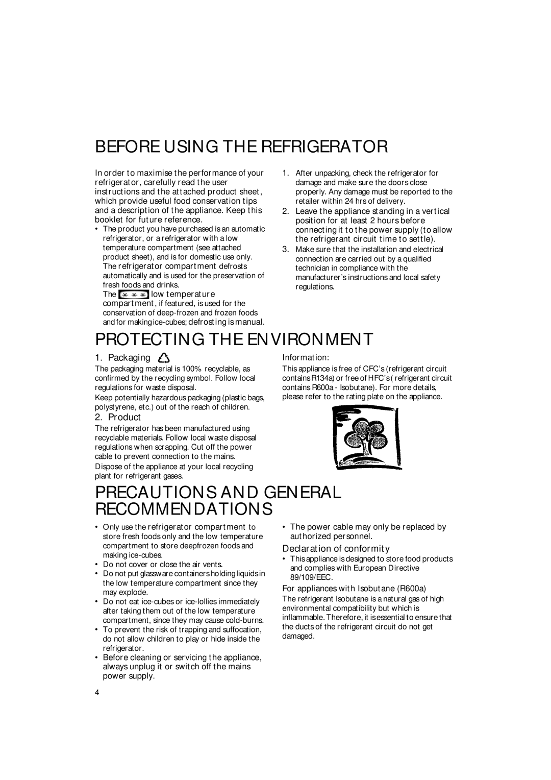 CDA FW350 manual Information, For appliances with Isobutane R600a 