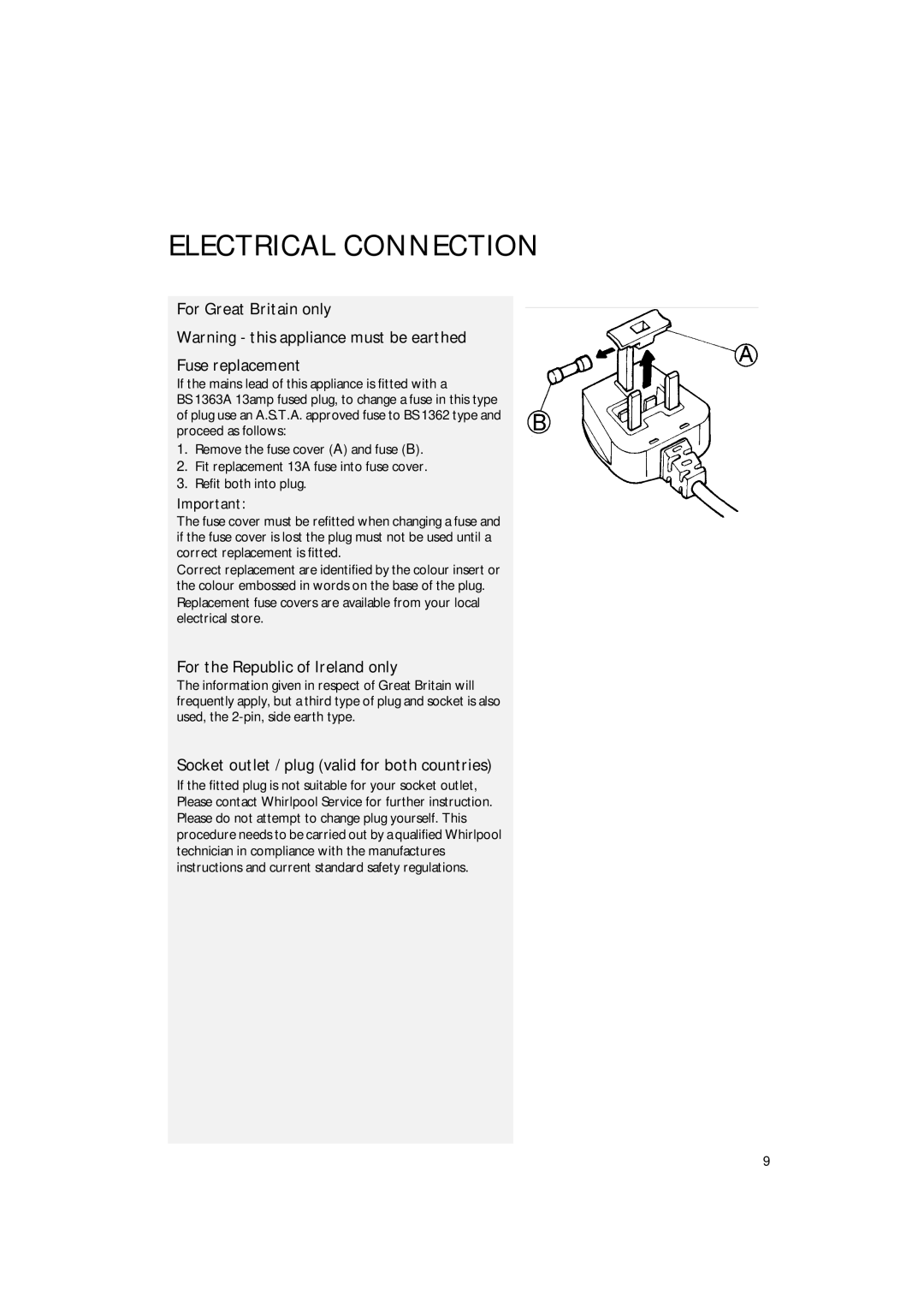 CDA FW350 manual Electrical Connection, For Great Britain only Warning - this appliance must be earthed, Fuse replacement 