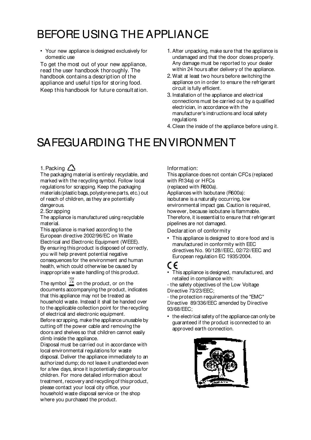 CDA FW380 Before Using The Appliance, Safeguarding The Environment, Keep this handbook for future consultation, Packing 