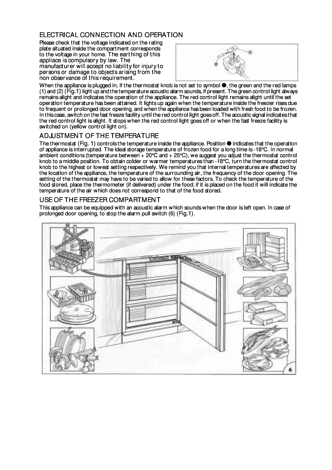 CDA FW380 manual Electrical Connection And Operation, Adjustment Of The Temperature, Use Of The Freezer Compartment 