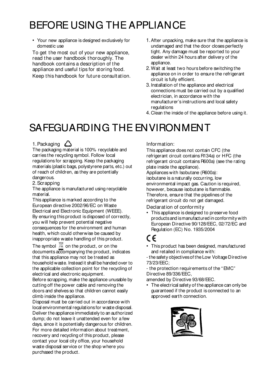 CDA FW420 Before Using The Appliance, Safeguarding The Environment, Keep this handbook for future consultation, Packaging 
