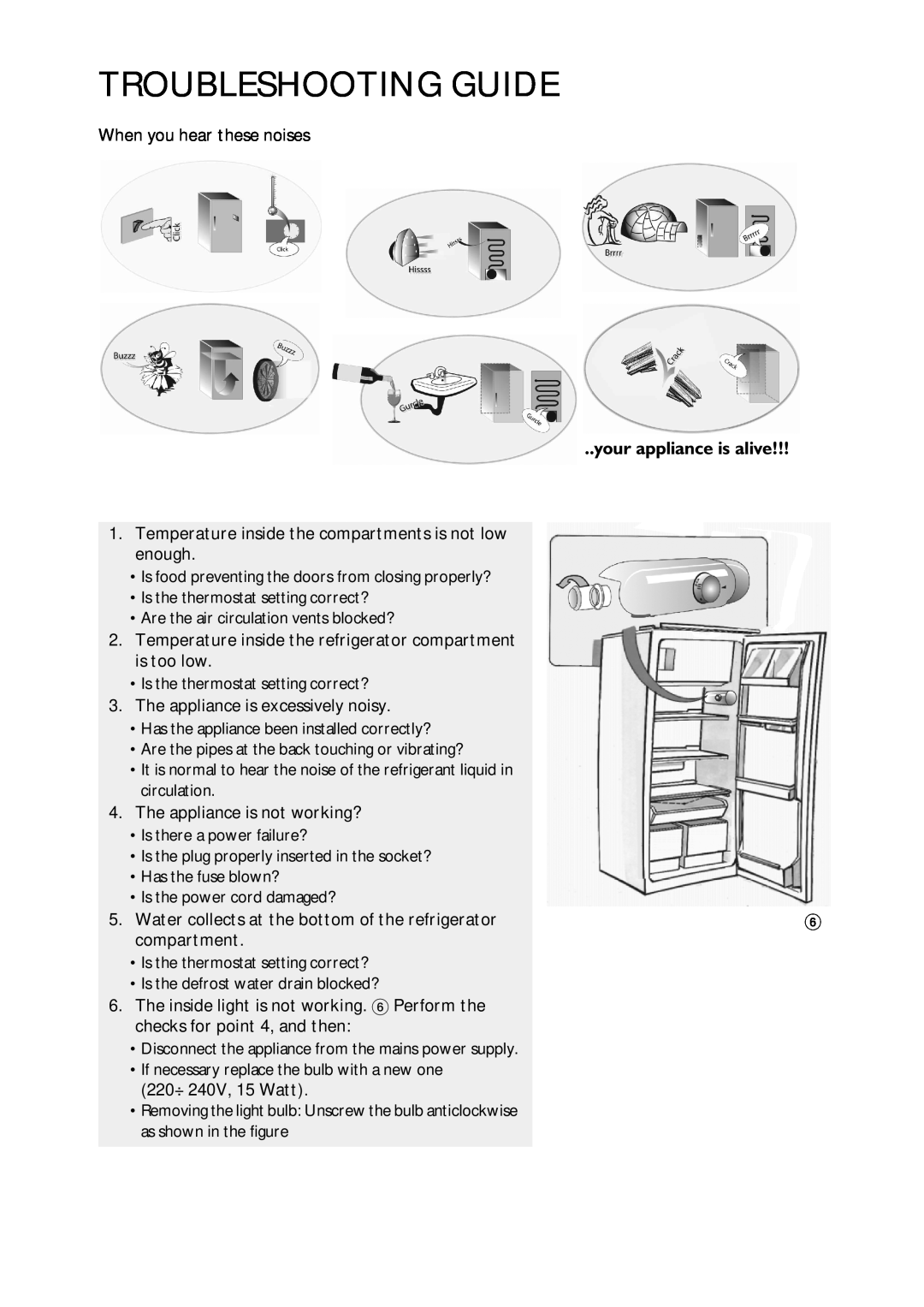 CDA FW420 manual Troubleshooting Guide, your appliance is alive, When you hear these noises, The appliance is not working? 