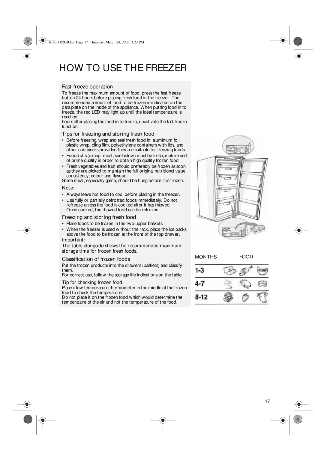 CDA FW480 manual Fast freeze operation, Tips for freezing and storing fresh food, Freezing and storing fresh food 