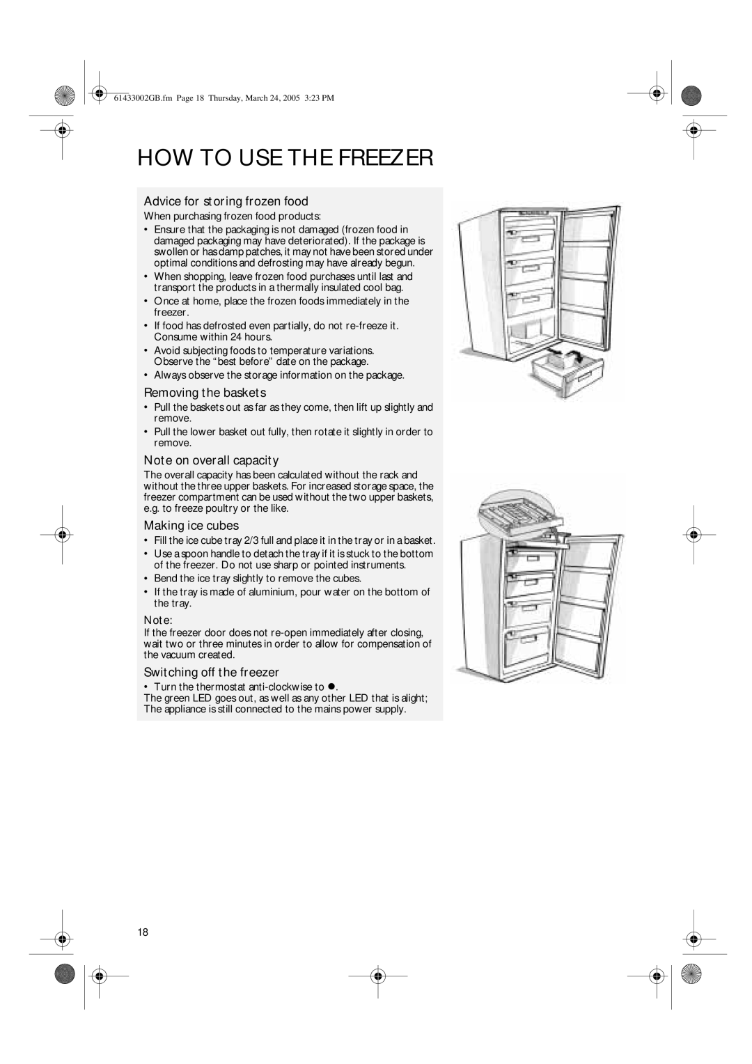 CDA FW480 manual Advice for storing frozen food, Removing the baskets, Making ice cubes, Switching off the freezer 