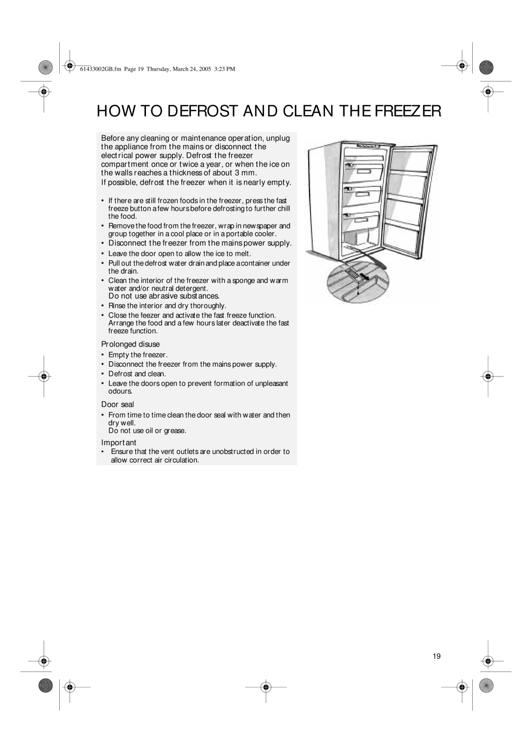 CDA FW480 manual HOW to Defrost and Clean the Freezer, Disconnect the freezer from the mains power supply, Prolonged disuse 