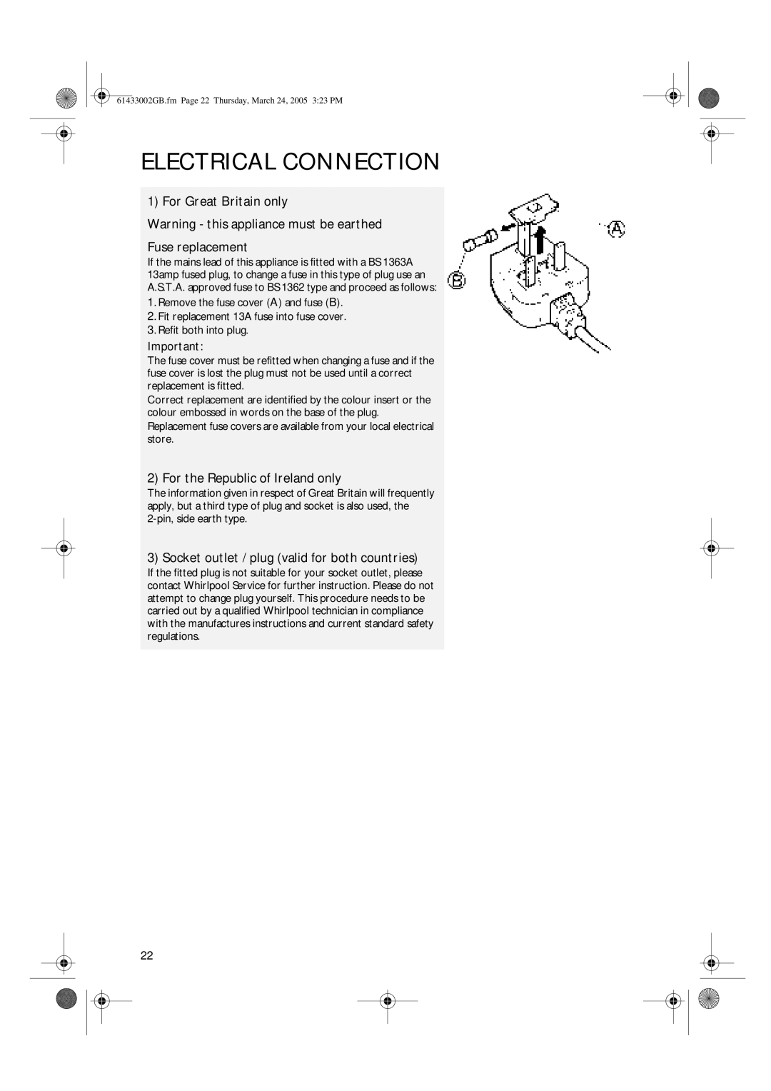 CDA FW480 manual Electrical Connection, For Great Britain only Warning - this appliance must be earthed, Fuse replacement 