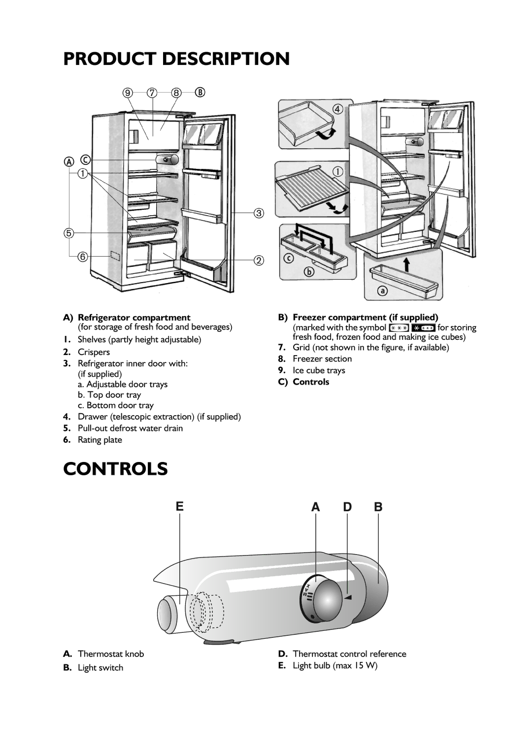 CDA FW550 manual Refrigerator compartment, Freezer compartment if supplied, Controls, Thermostat knob 