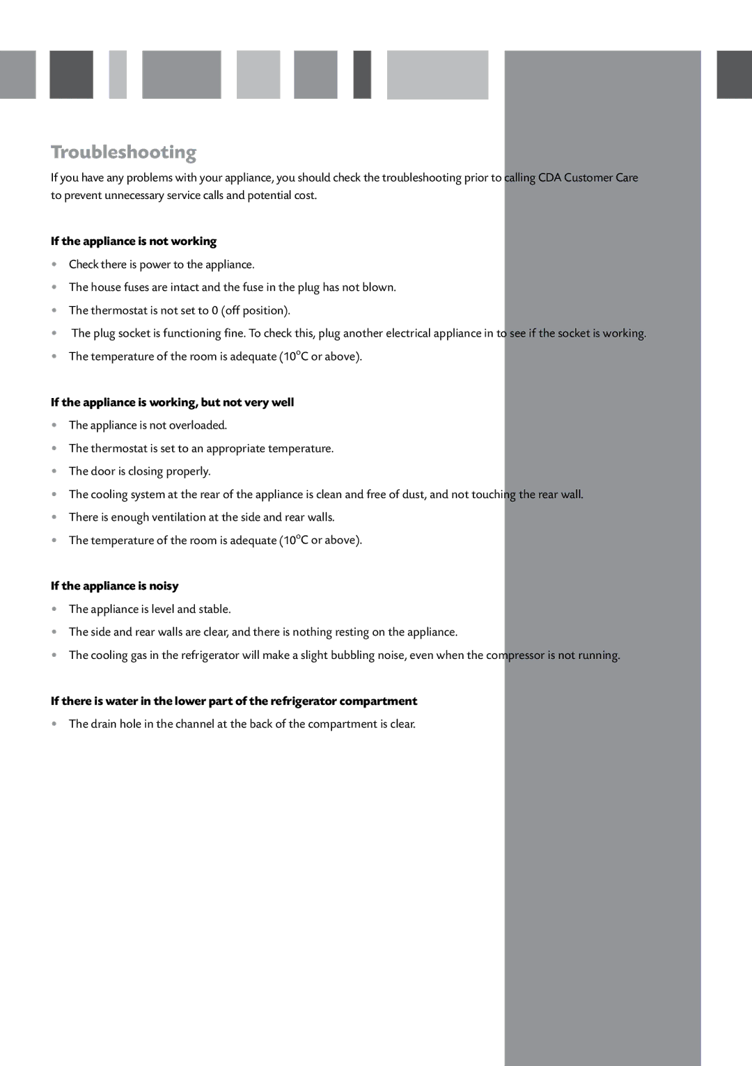 CDA FW820 manual Troubleshooting, If the appliance is not working, If the appliance is working, but not very well 