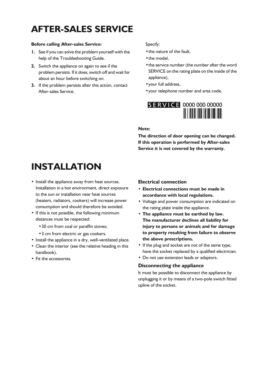 CDA FW850 manual Electrical connection, Disconnecting the appliance 