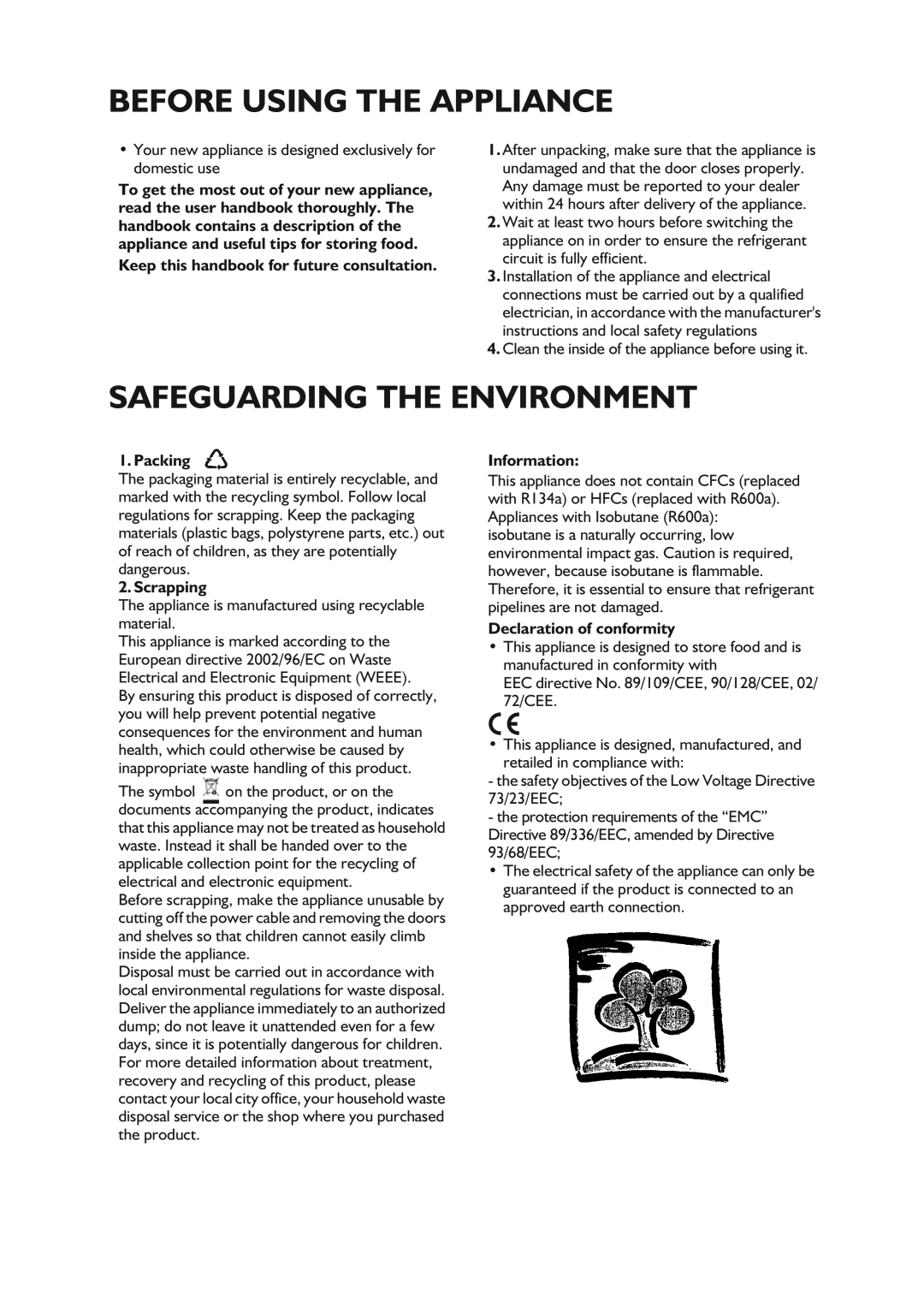 CDA FW850 manual Before Using the Appliance 