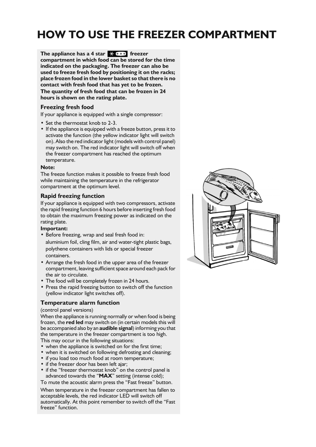 CDA FW850 manual Freezing fresh food, Rapid freezing function, Temperature alarm function 