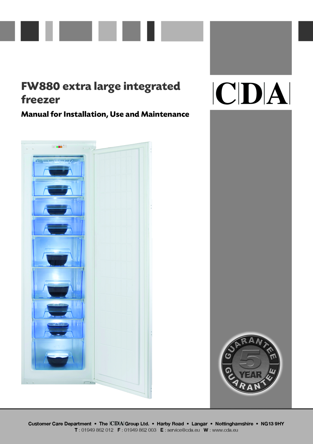 CDA manual FW880 extra large integrated freezer, Manual for Installation, Use and Maintenance, T 