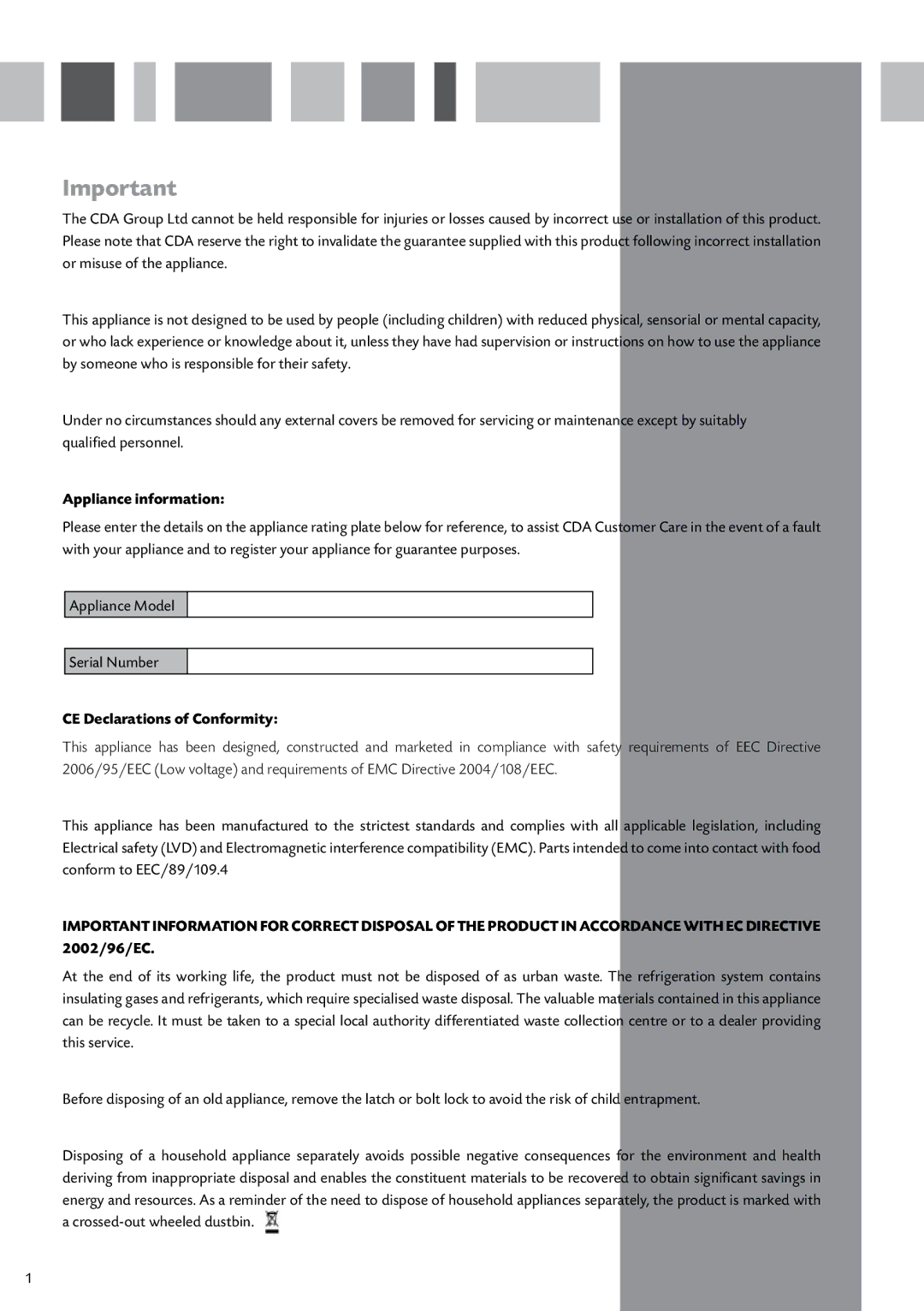 CDA FW950 manual Appliance information, CE Declarations of Conformity 