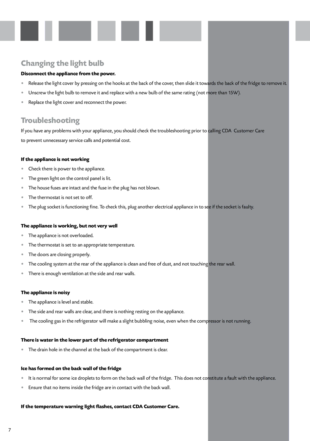 CDA FW950 manual Changing the light bulb, Troubleshooting 