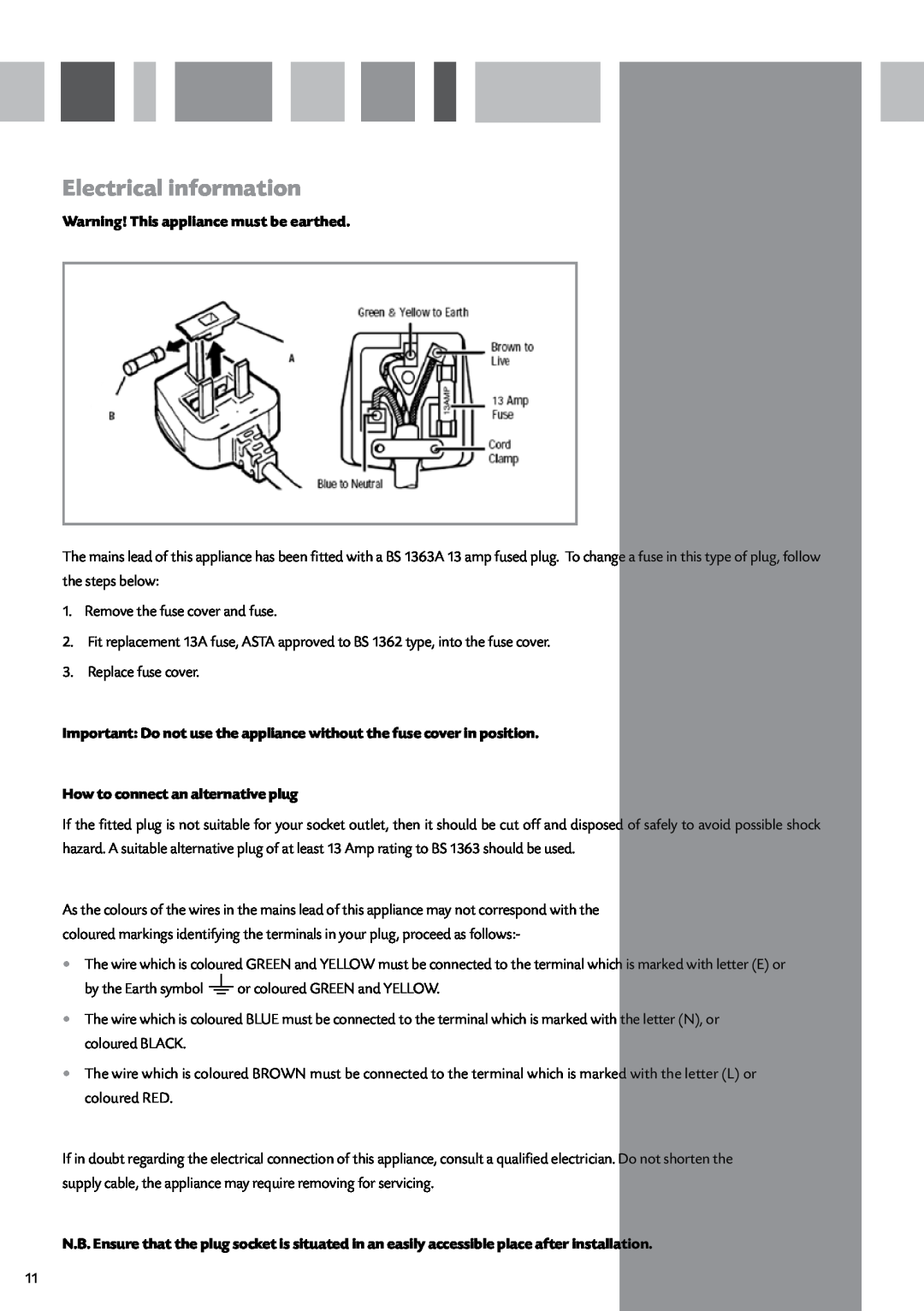 CDA FW950 manual Electrical information, Warning! This appliance must be earthed, How to connect an alternative plug 