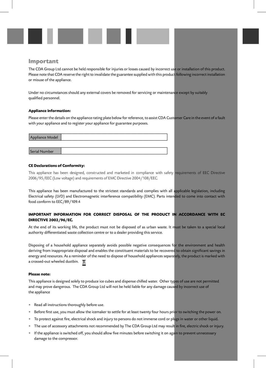 CDA FWV460 manual Appliance information, CE Declarations of Conformity, Please note 