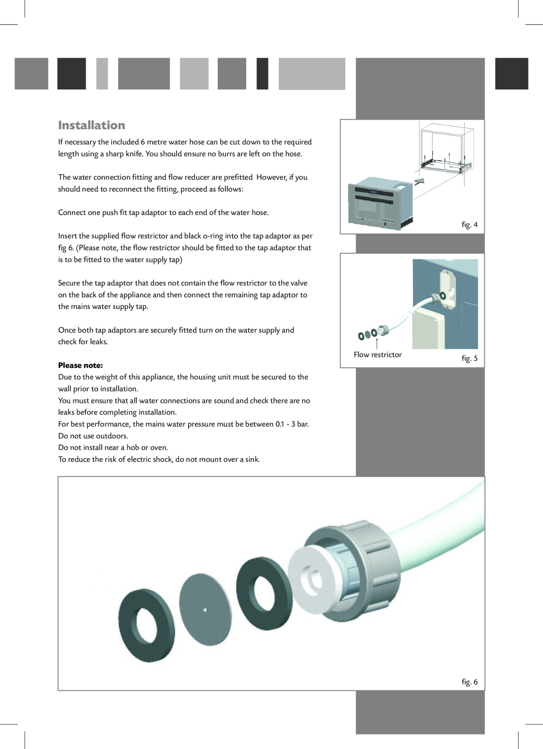 CDA FWV460 Installation, Connect one push fit tap adaptor to each end of the water hose, Please note, Flow restrictor 