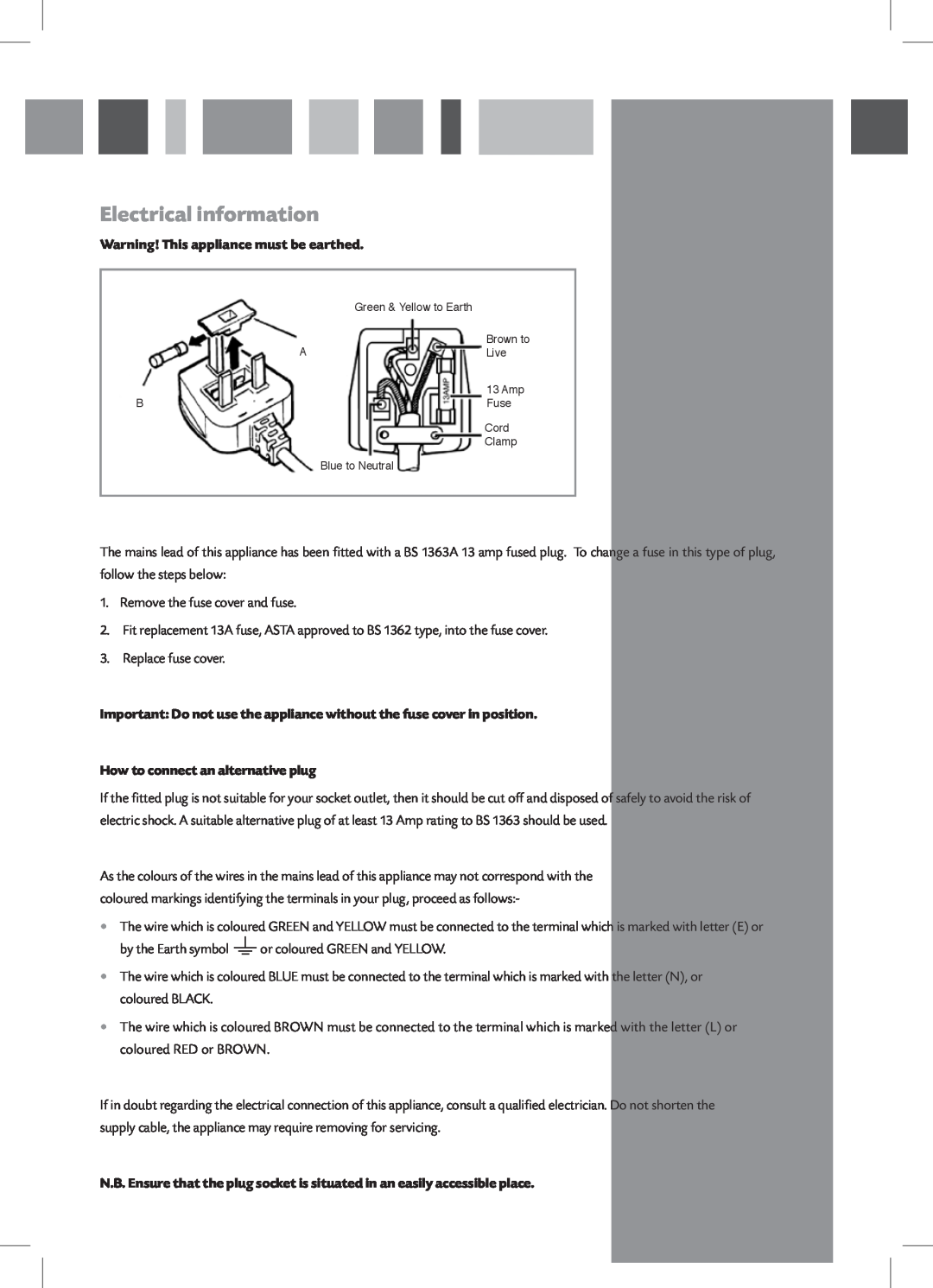 CDA FWV460 manual Electrical information, Warning! This appliance must be earthed, How to connect an alternative plug 