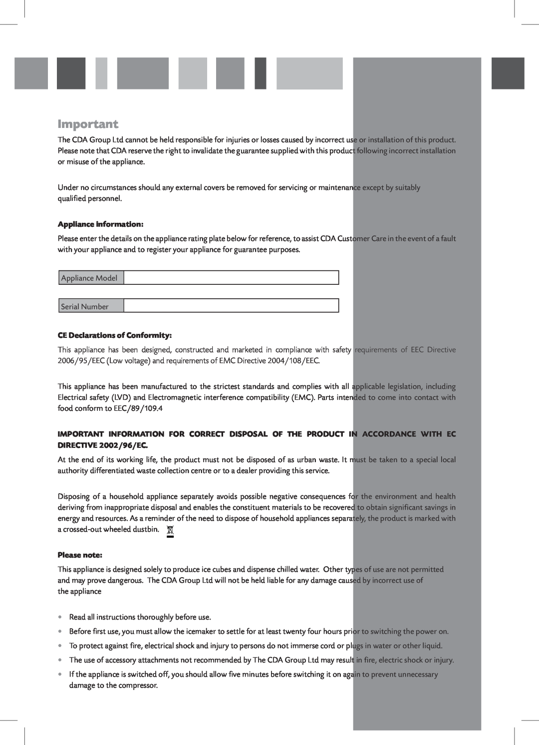 CDA FWV460 manual Appliance information, CE Declarations of Conformity, Please note 