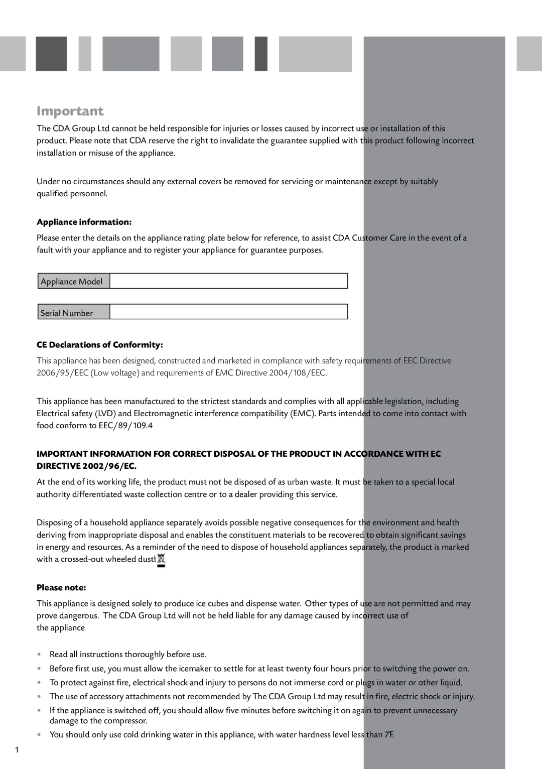 CDA FWV470 manual Appliance information, CE Declarations of Conformity, Please note 