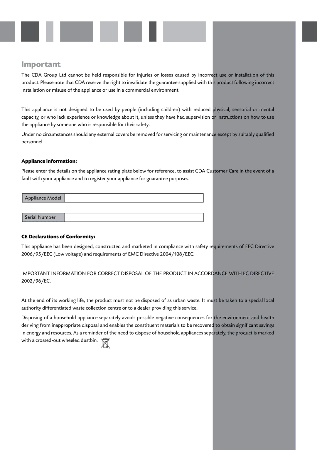 CDA FWV900, FWV450 manual Appliance information, CE Declarations of Conformity 