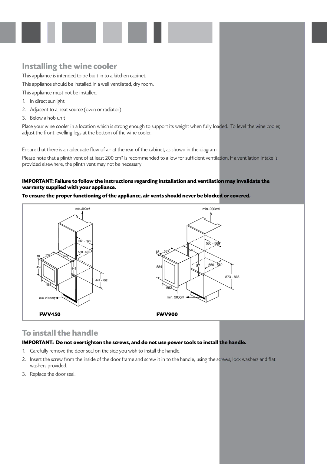 CDA manual Installing the wine cooler, To install the handle, FWV450 FWV900 