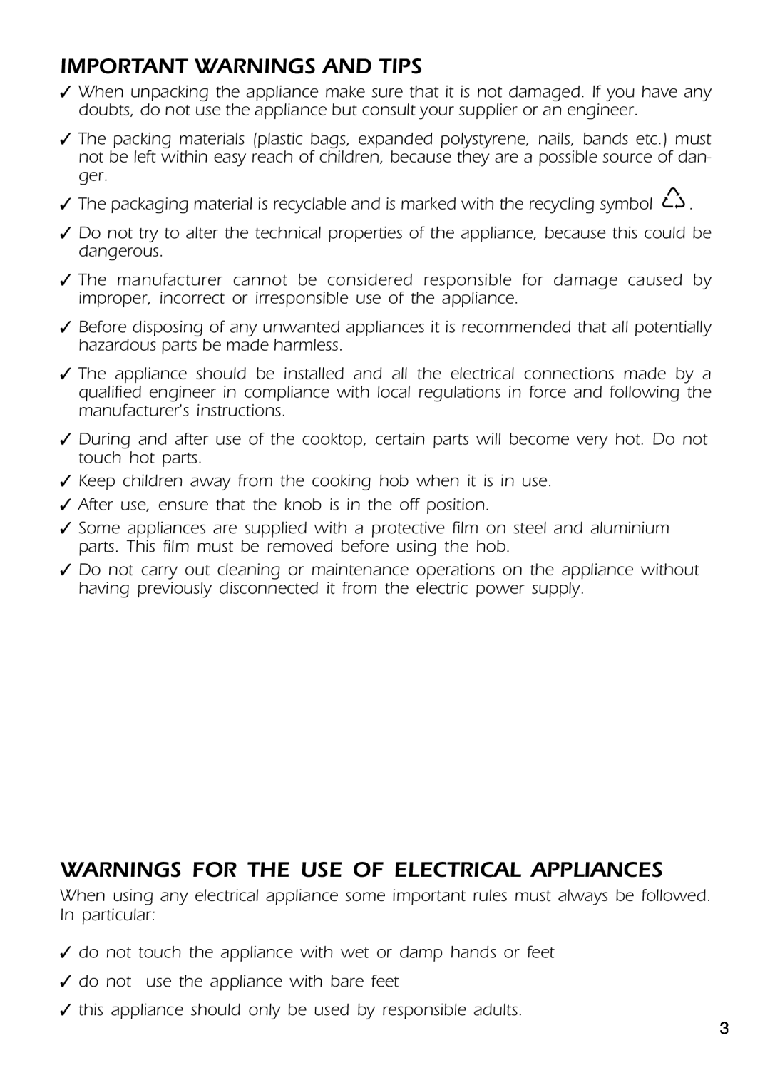 CDA HCC310 manual Important Warnings And Tips, Warnings For The Use Of Electrical Appliances 