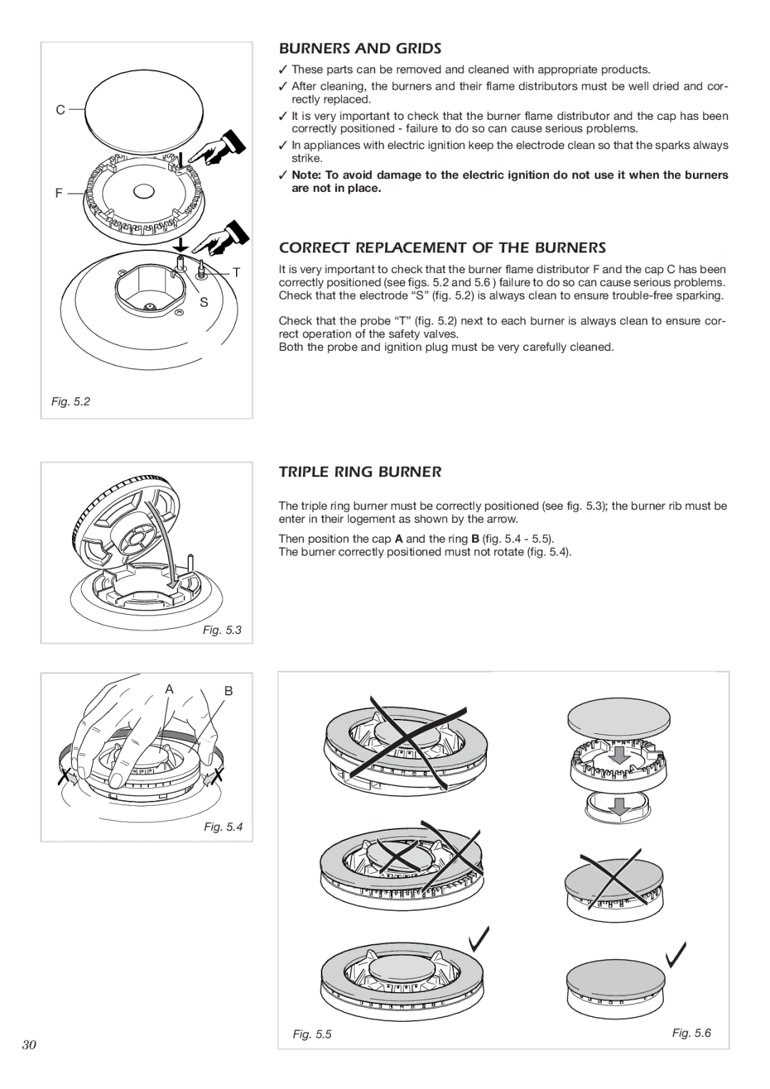 CDA HCC360 manual Burners and Grids, Correct Replacement of the Burners, Triple Ring Burner 