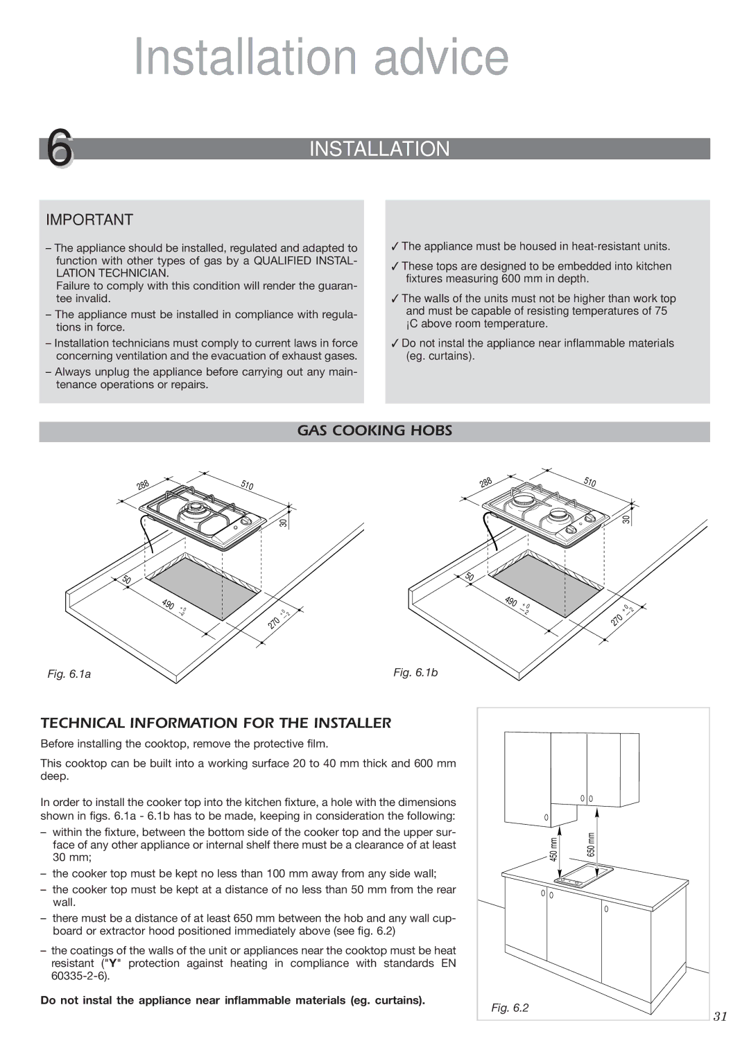 CDA HCC360 manual 6INSTALLATION, GAS Cooking Hobs, Technical Information for the Installer 