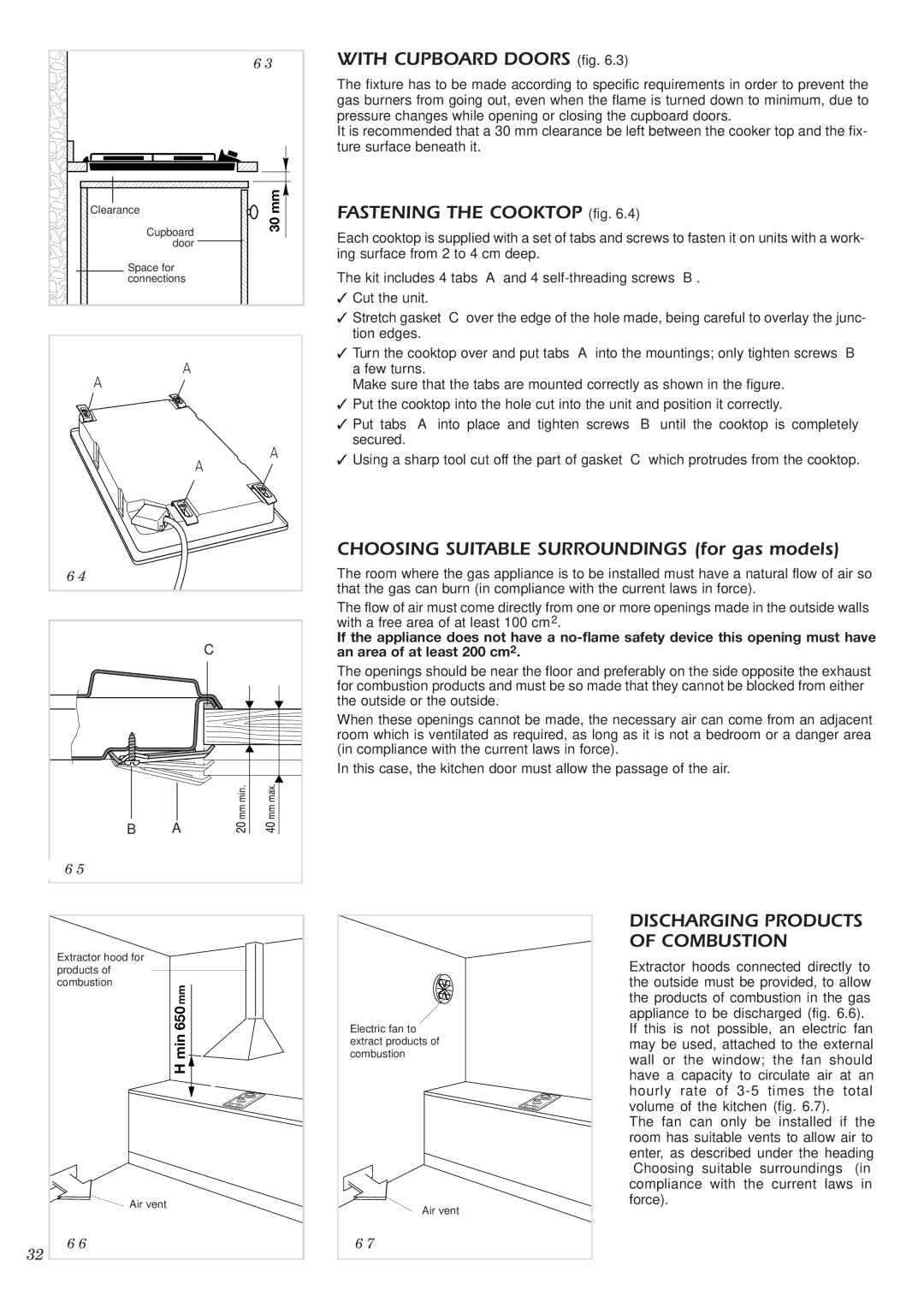 CDA HCC360 manual With Cupboard Doors fig, Fastening the Cooktop fig, Choosing Suitable Surroundings for gas models 