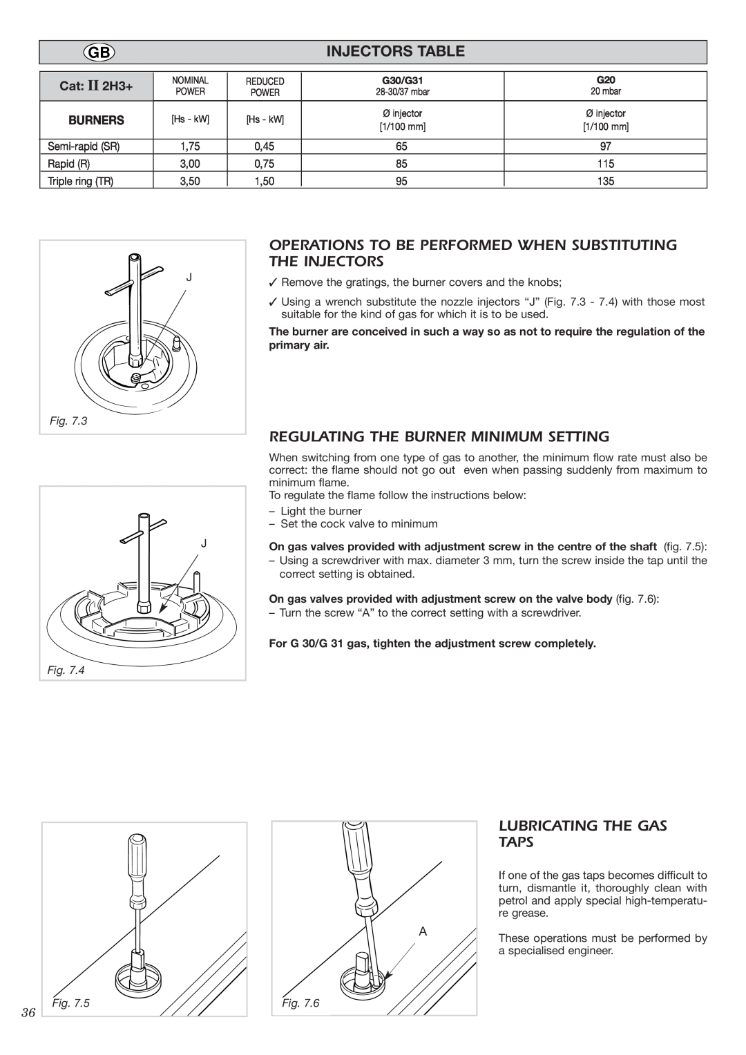 CDA HCC360 manual Injectors Table, Regulating The Burner Minimum Setting, Lubricating The Gas Taps, Cat II 2H3+ 