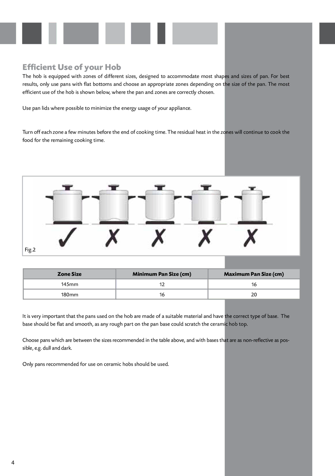 CDA HCC570 manual Efficient Use of your Hob, Zone Size Minimum Pan Size cm Maximum Pan Size cm 