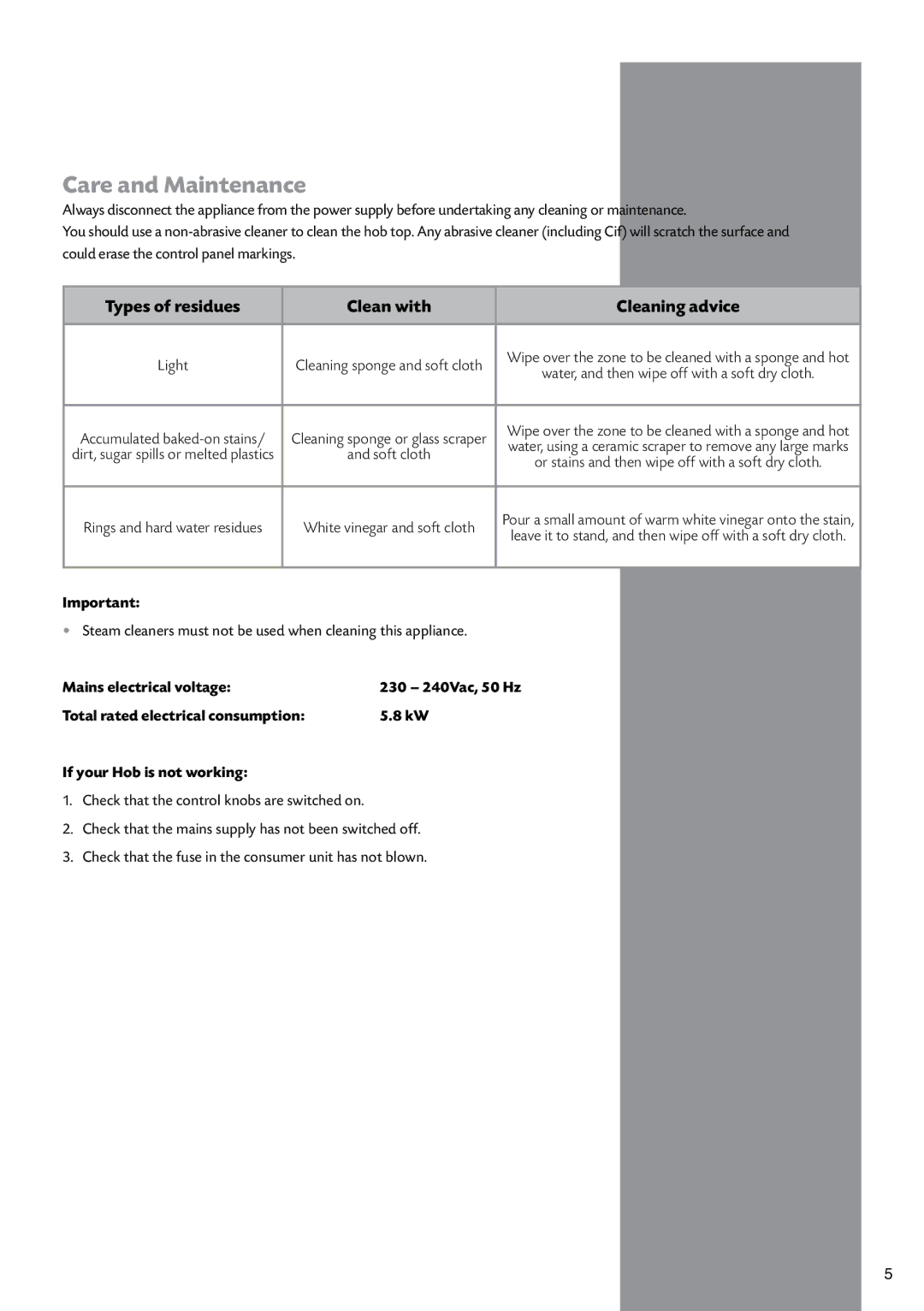 CDA HCC570 manual Care and Maintenance, Mains electrical voltage 