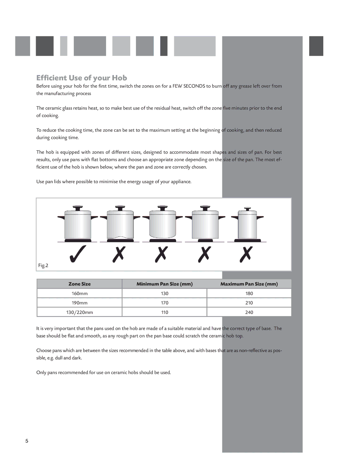 CDA HCC662 manual Efficient Use of your Hob, Zone Size Minimum Pan Size mm Maximum Pan Size mm 