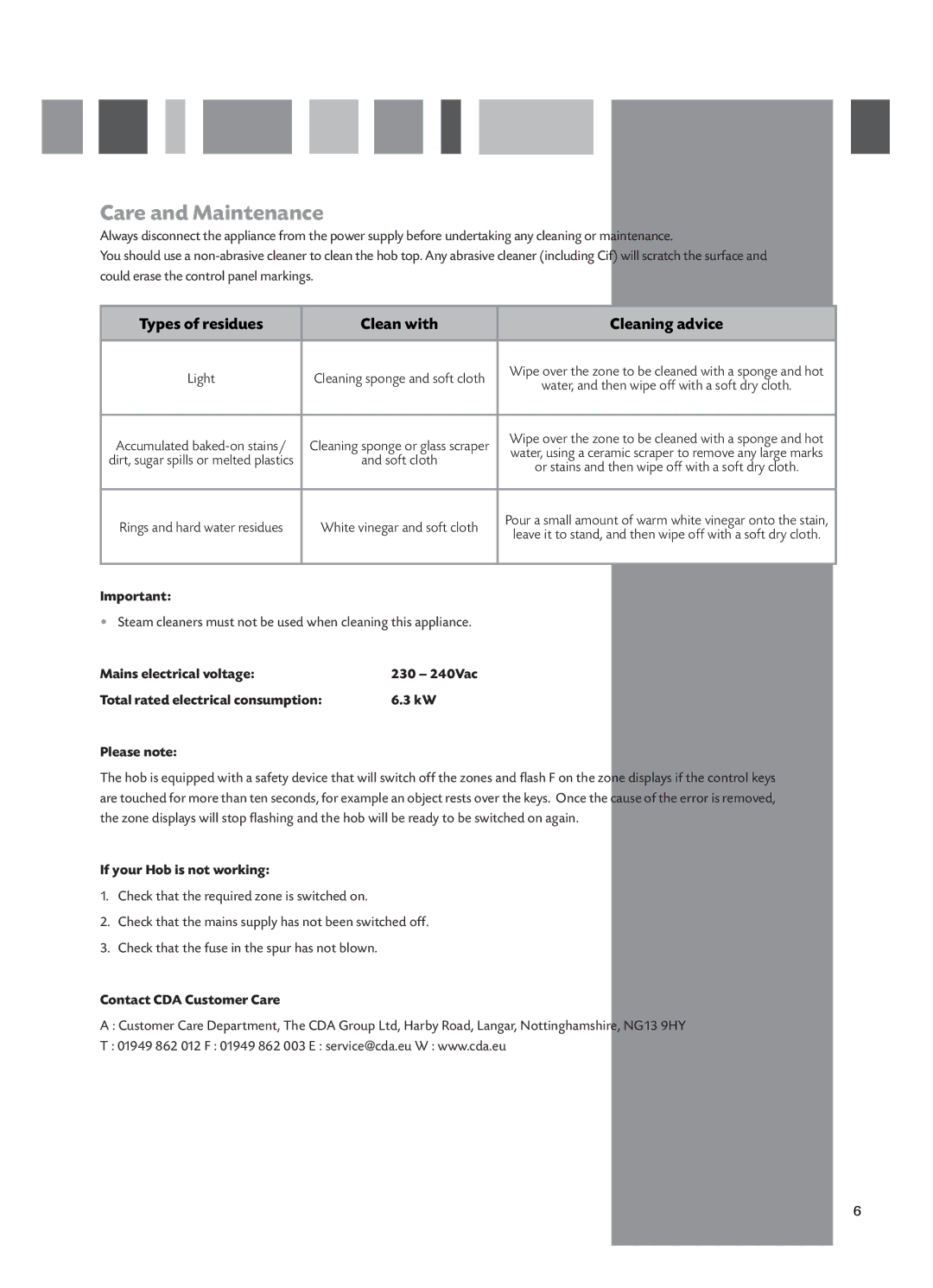 CDA HCC662 manual Care and Maintenance, If your Hob is not working, Contact CDA Customer Care 