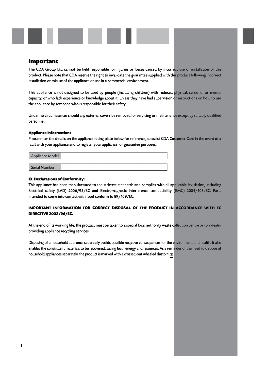 CDA HCC662 manual Appliance information, CE Declarations of Conformity 