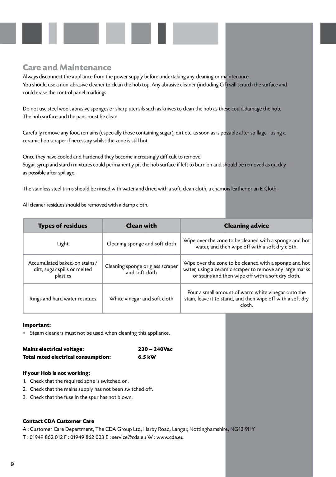 CDA HCC762 manual Care and Maintenance, Contact CDA Customer Care 