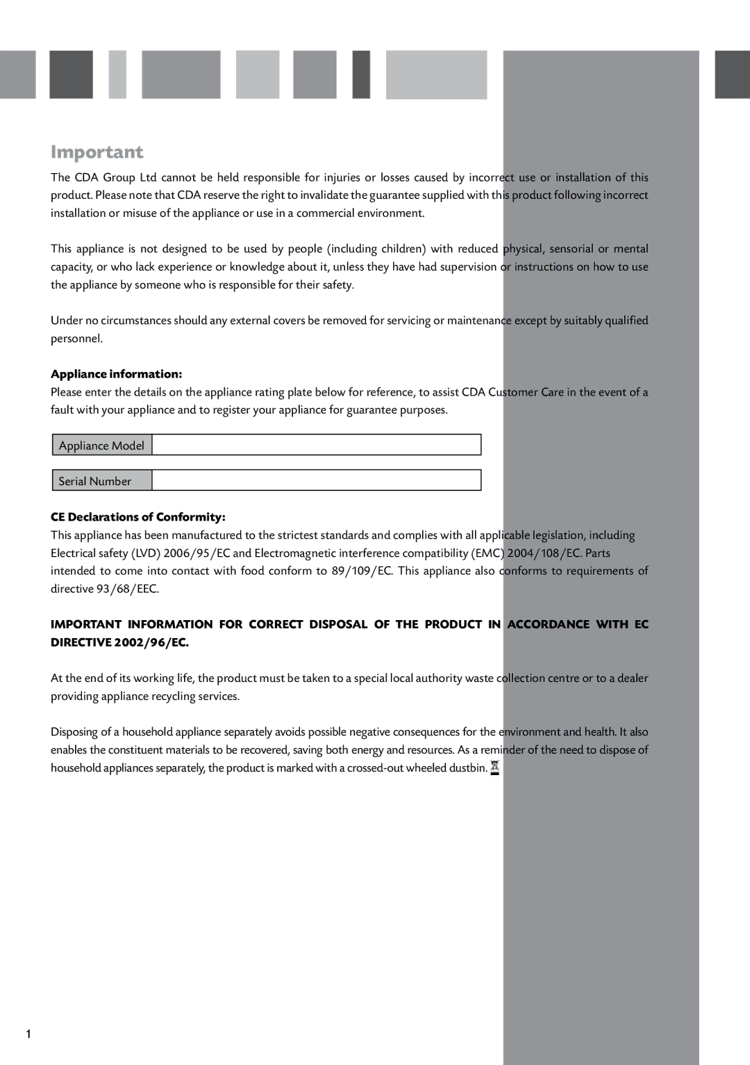 CDA HCC762 manual Appliance information, CE Declarations of Conformity 