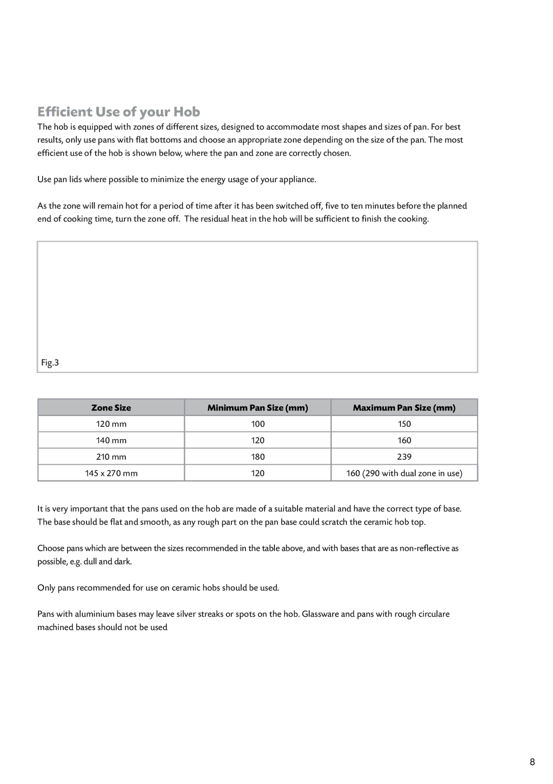 CDA HCC762 manual Efficient Use of your Hob, Zone Size Minimum Pan Size mm Maximum Pan Size mm 