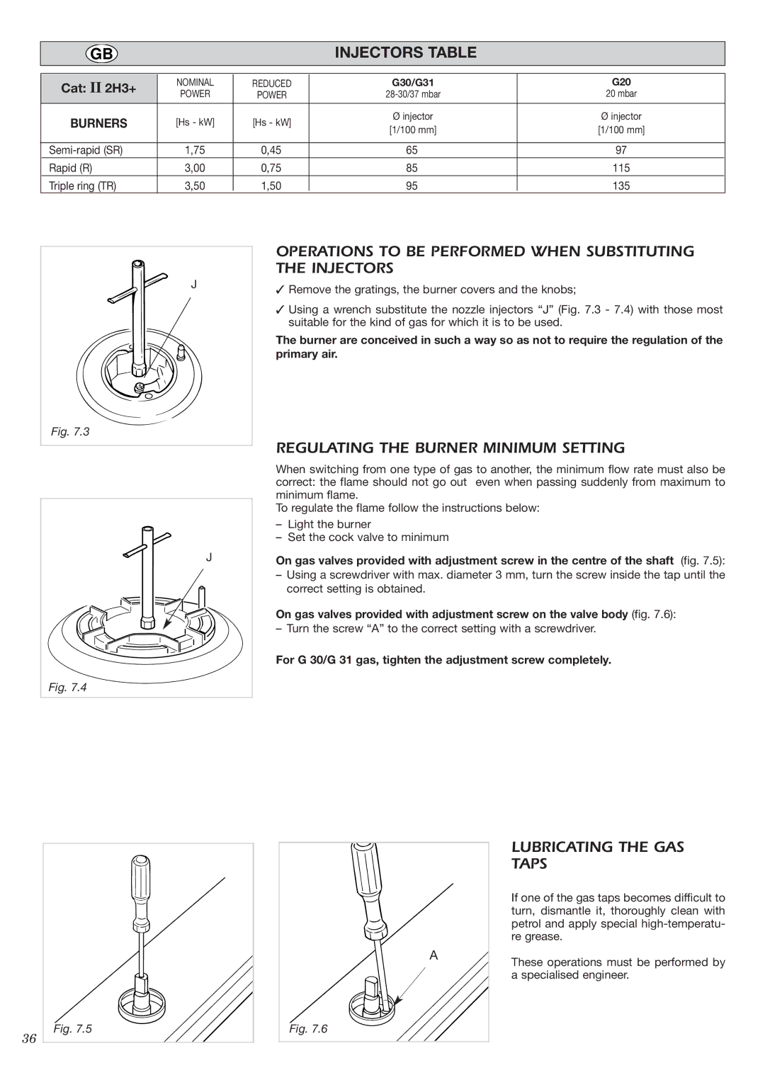 CDA HCE340 manual Operations to be Performed When Substituting the Injectors, Regulating the Burner Minimum Setting 